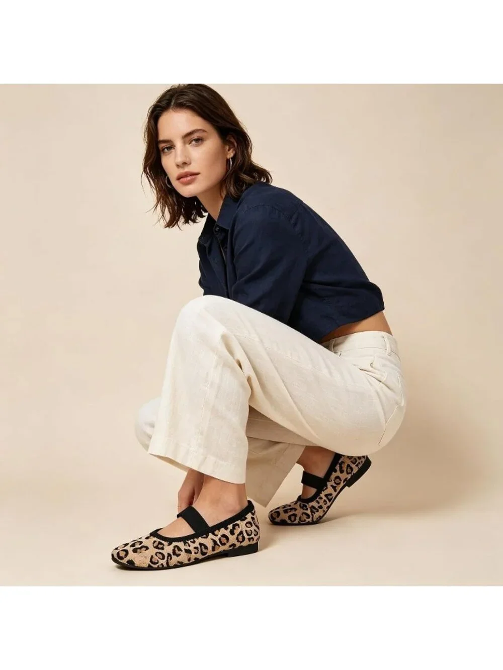 Women's Leopard Knit Round Toe Ballet Flat Elastic Strap Slip On Comfort Shoes